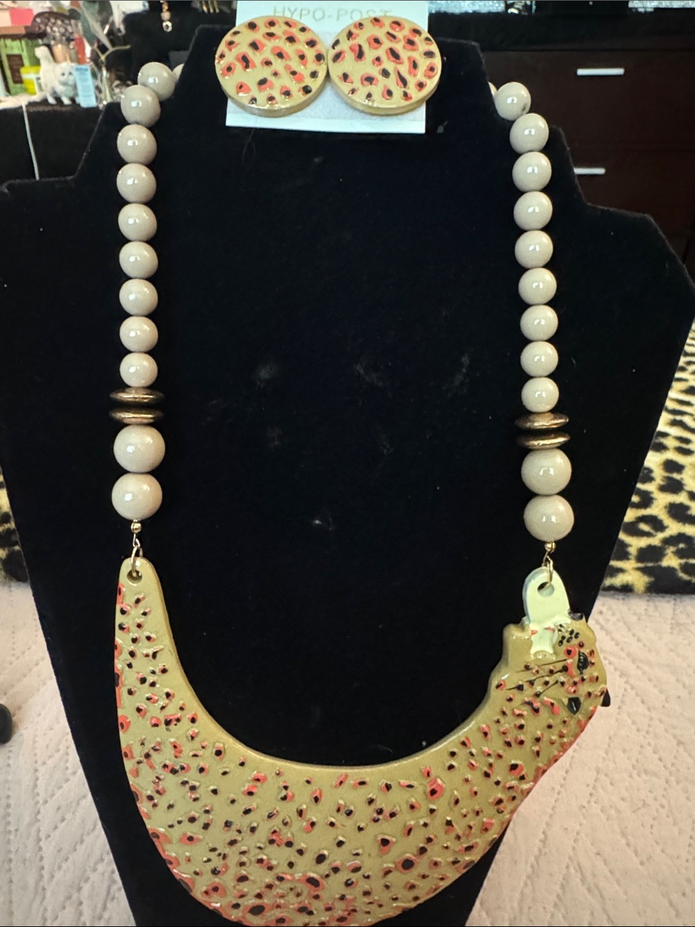 Cream Beaded Statement Necklace and Earrings Set